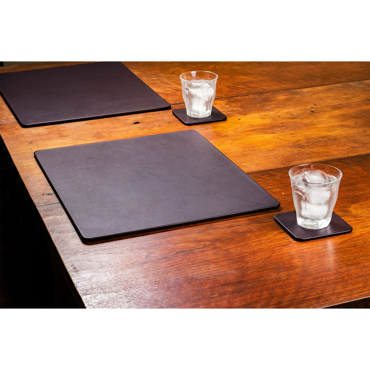8 Seat Chocolate Brown Leather Conference Room Set w/ Square Coasters, 17 x 14 Size Pads