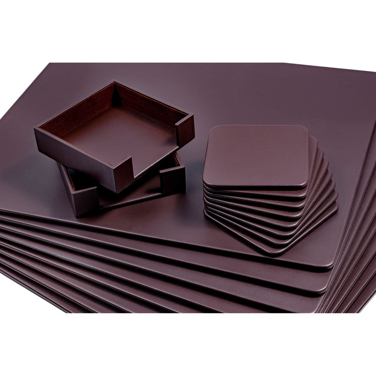 8 Seat Chocolate Brown Leather Conference Room Set w/ Square Coasters, 17 x 14 Size Pads