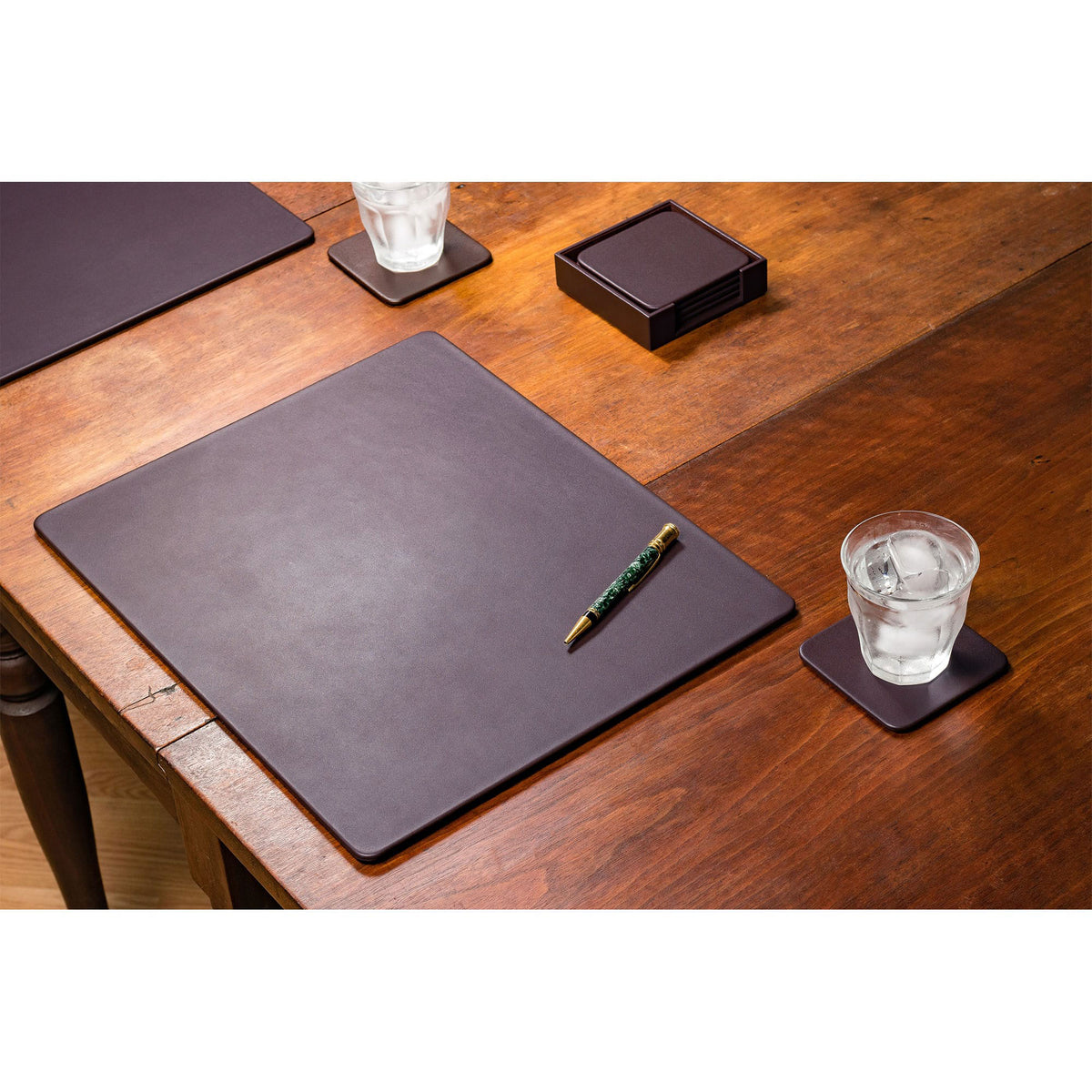 8 Seat Chocolate Brown Leather Conference Room Set w/ Square Coasters, 17 x 14 Size Pads