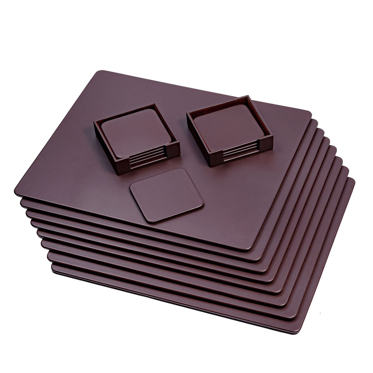 8 Seat Chocolate Brown Leather Conference Room Set w/ Square Coasters, 17 x 14 Size Pads