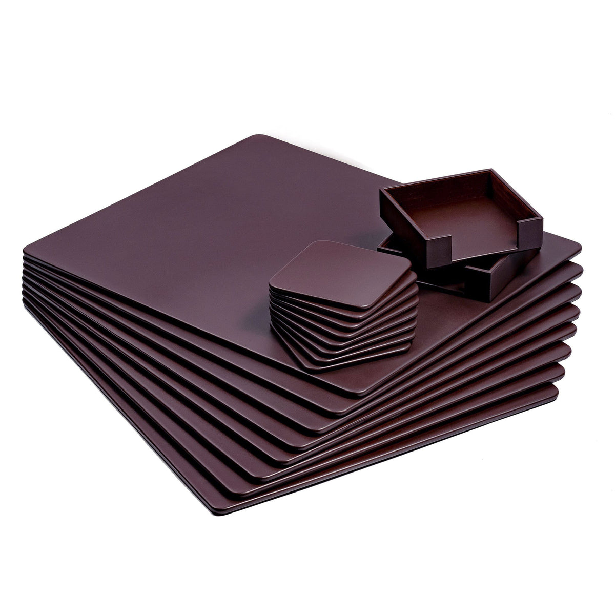 8 Seat Chocolate Brown Leather Conference Room Set w/ Square Coasters, 17 x 14 Size Pads