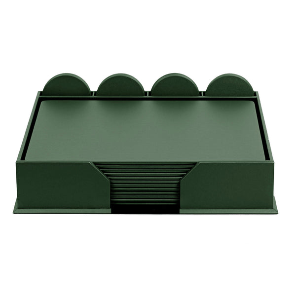 12 Seat Dark Green Leather Conference Room Set w/ Round Coasters