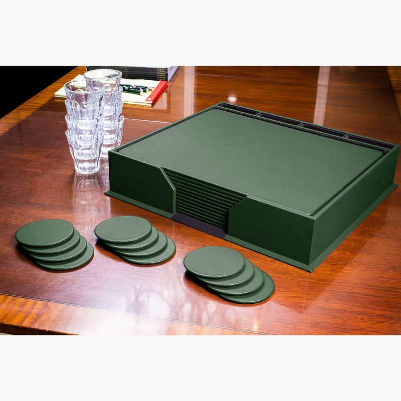 12 Seat Dark Green Leather Conference Room Set w/ Round Coasters