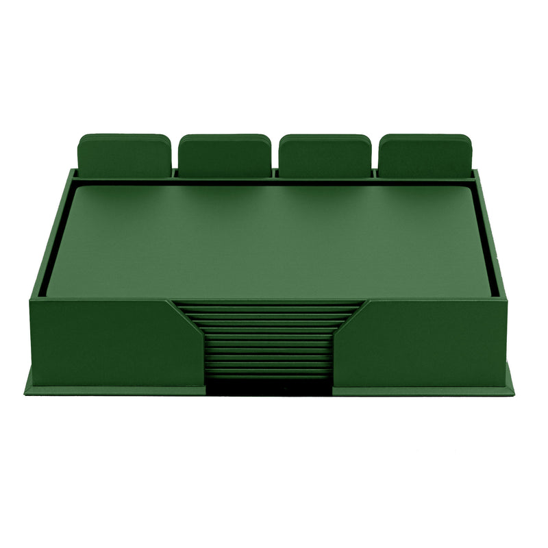 12 Seat Dark Green Leather Conference Room Set w/ Square Coasters