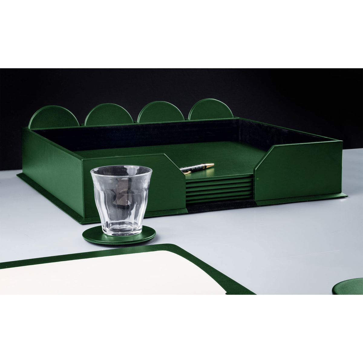 12 Seat Dark Green Leatherette Conference Room Set w/ Round Coasters, 17 x 14 Size Pads
