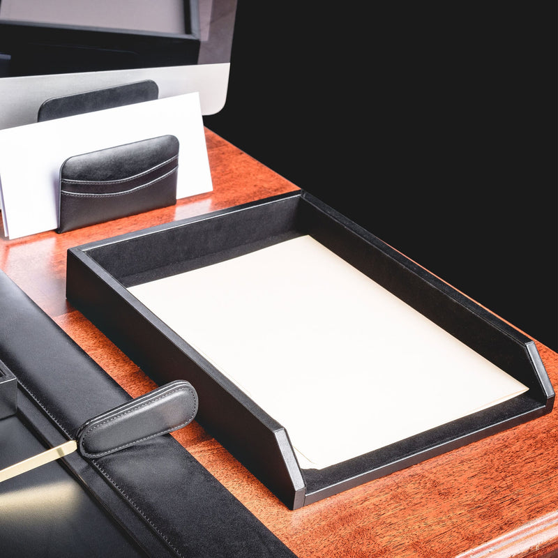 Classic Black Leather Front-Load Letter Tray