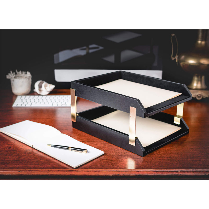 Classic Black Leather Front-Load Double Letter Trays with Gold Stacking Posts