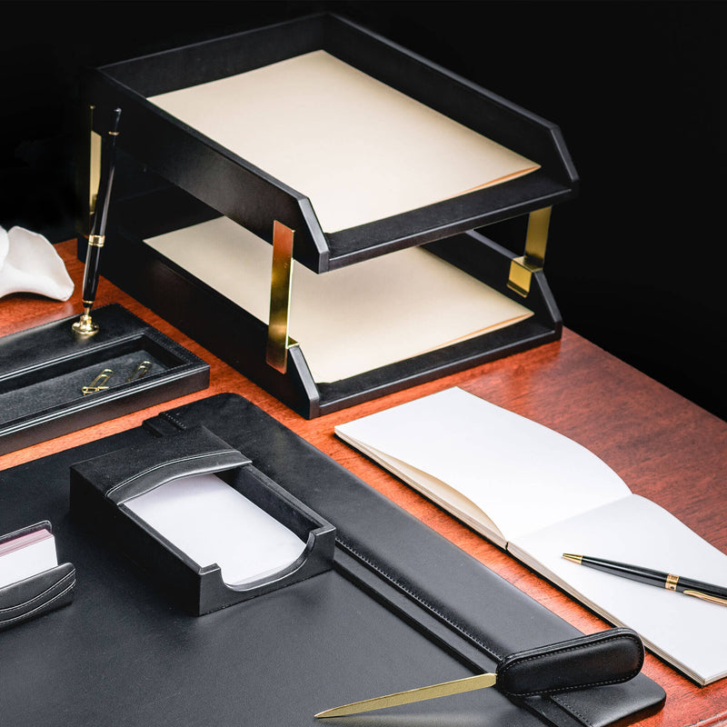 Classic Black Leather Front-Load Double Letter Trays with Gold Stacking Posts