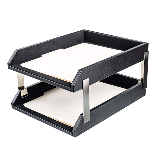 Classic Black Leather Letter Trays, Stacking Set, Silver