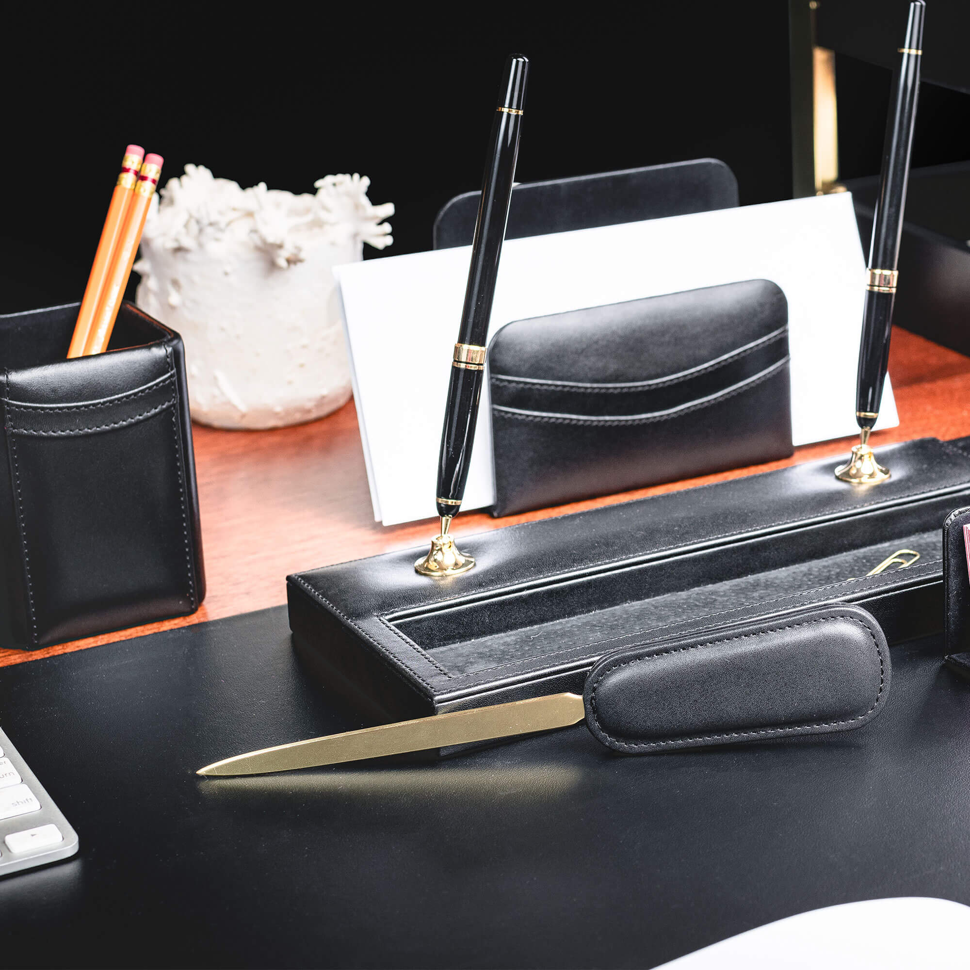 Classic Black Leather Letter Opener with Gold Accents