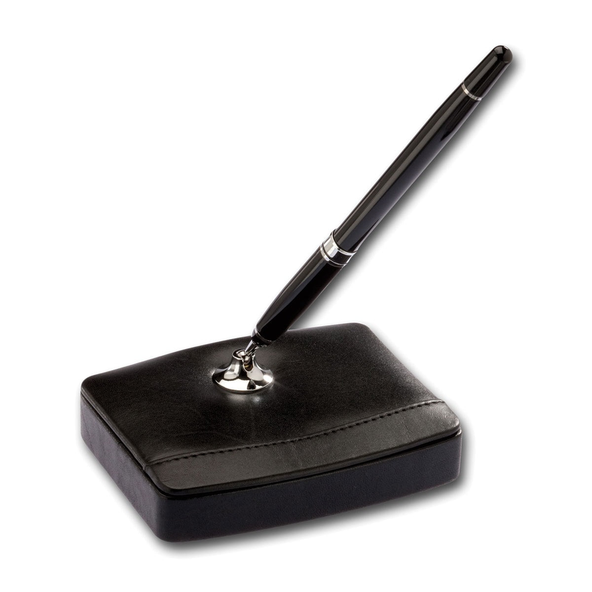 Classic Black Leather Single Pen Stand with Silver Accents