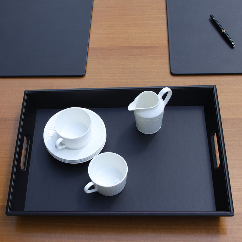 Classic Black Leather Serving Tray with Handles