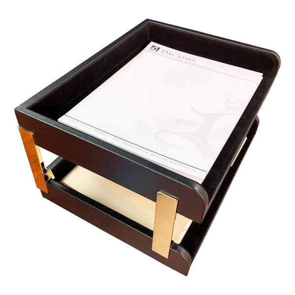 Classic Black Leather Double Side-Load Letter Trays with Gold Posts