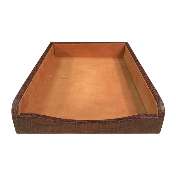 Brown Crocodile Embossed Leather Letter Tray