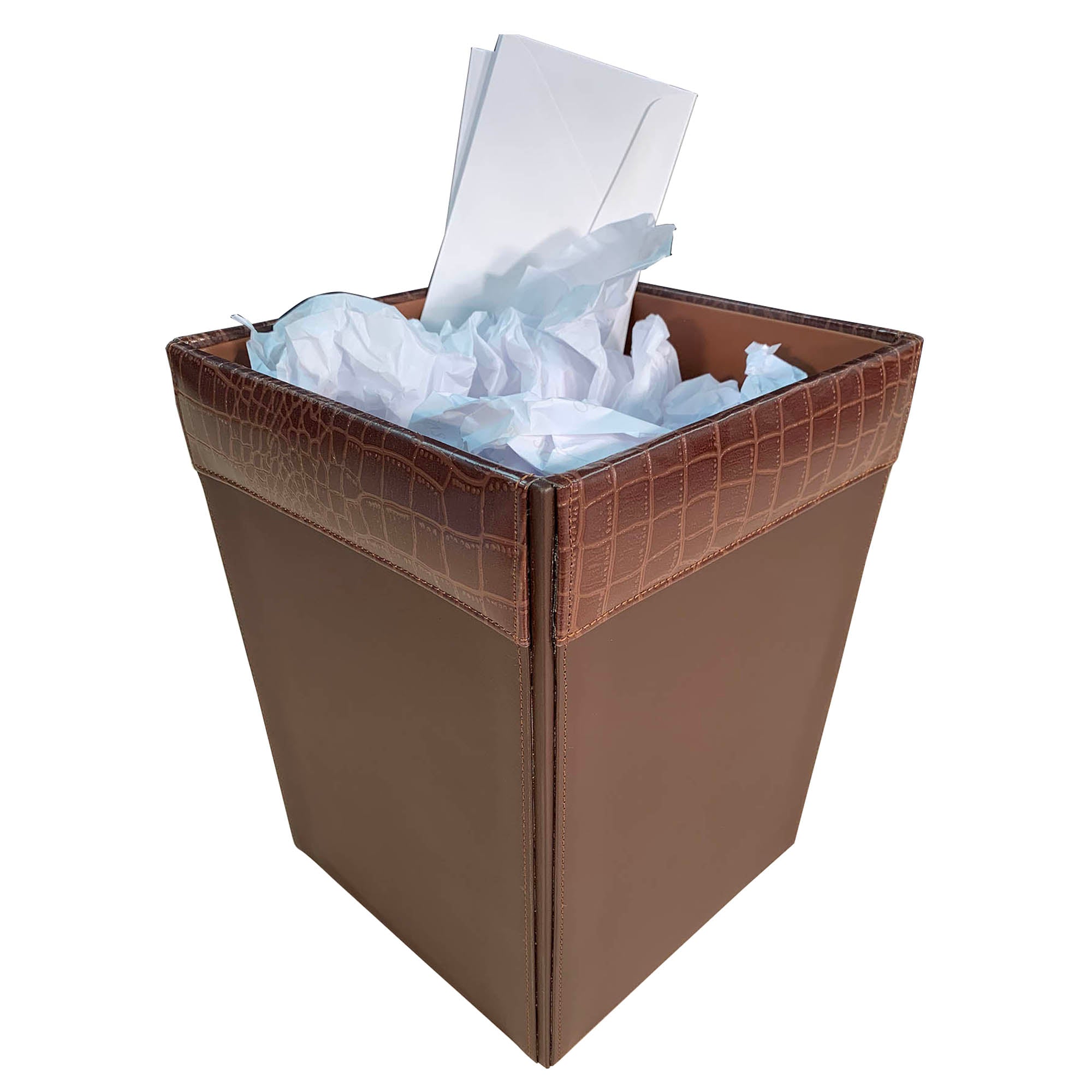 Brown Crocodile Embossed Leather Waste Basket, 14 Qt