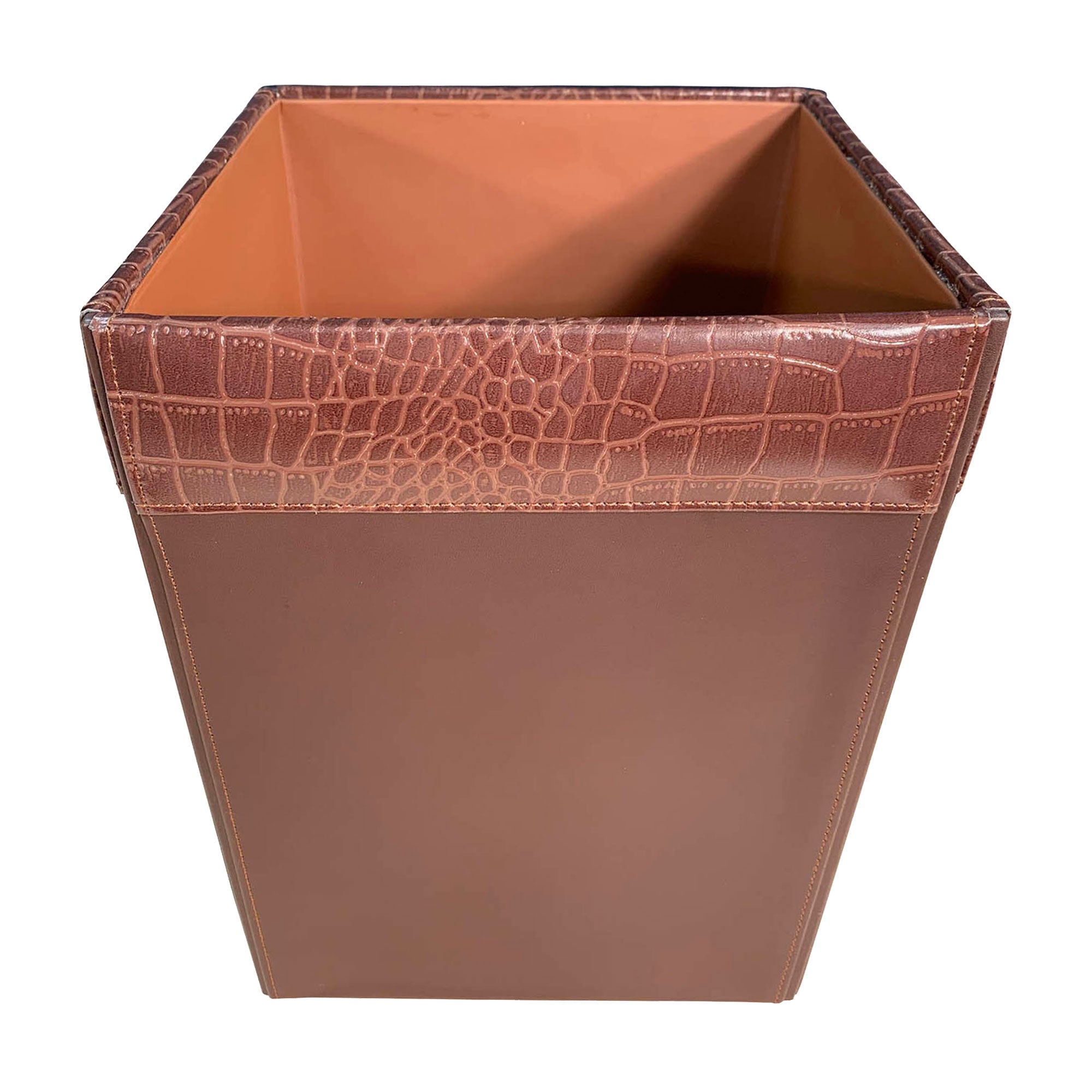 Brown Crocodile Embossed Leather Waste Basket, 14 Qt