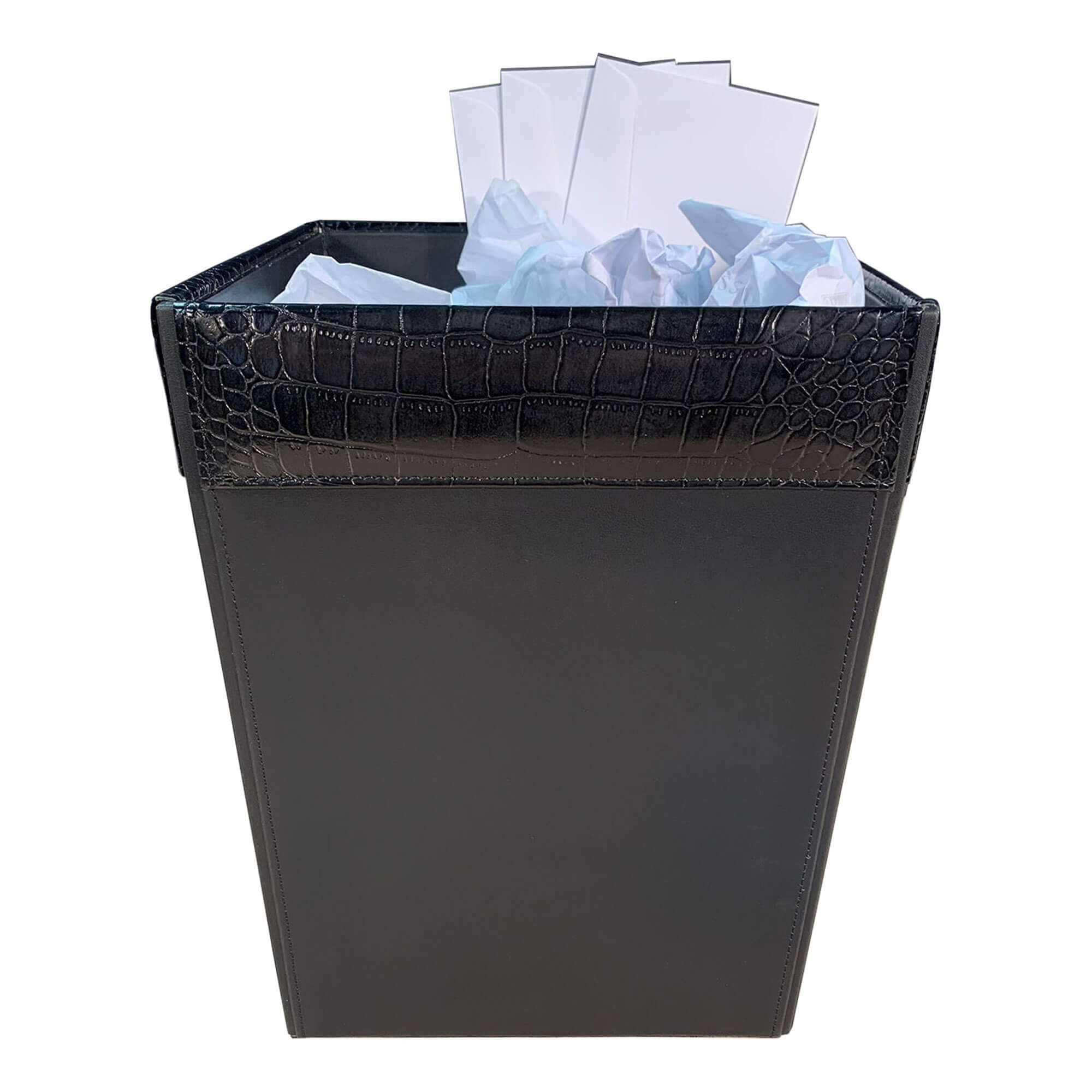 Black Crocodile Embossed Leather Waste Basket, 14 Qt