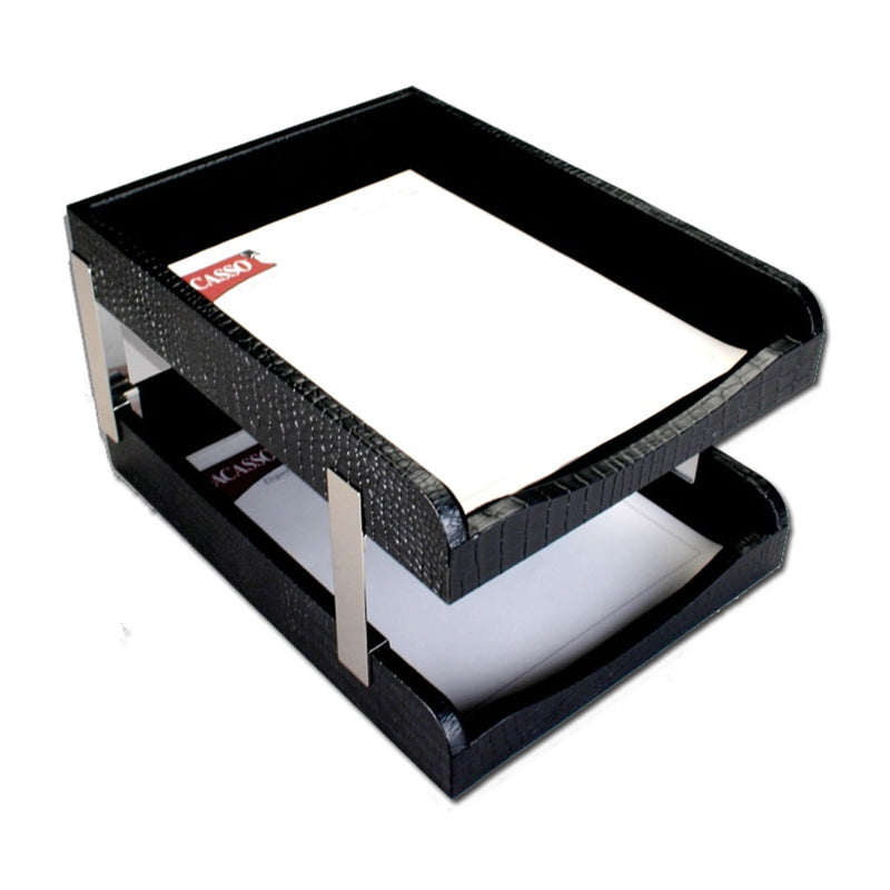 Black Crocodile Embossed Leather Double Letter Trays