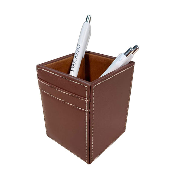 Rustic Brown Leather Pencil Cup