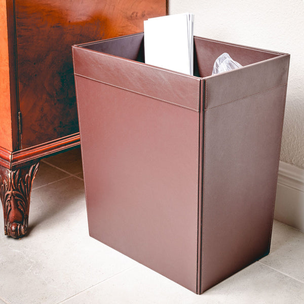 Chocolate Brown Leather Square Waste Basket, 32 Qt