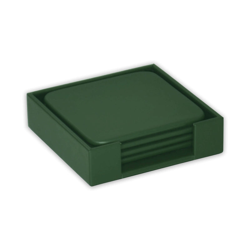 Dark Green Leather Square Coaster Set with Holder