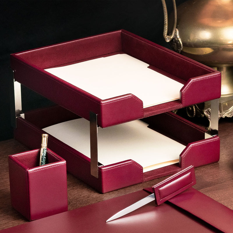 Burgundy Bonded Leather Double Letter Trays