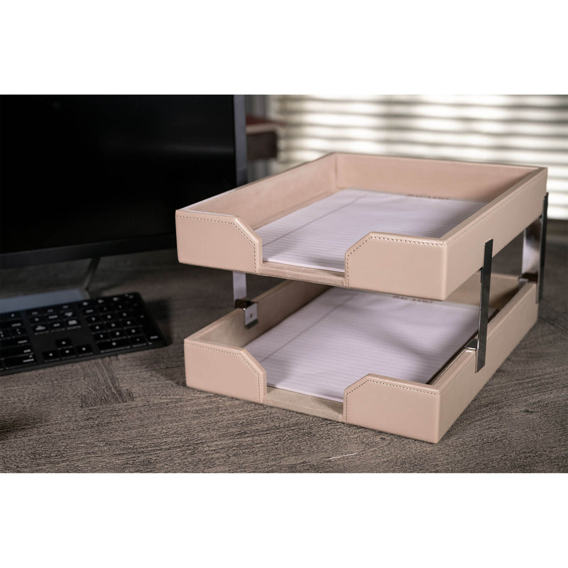 White Latte Bonded Leather Double Letter Trays