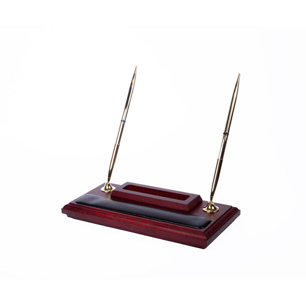 Rosewood and Leather Double Pen Stand with Cell Phone Holder