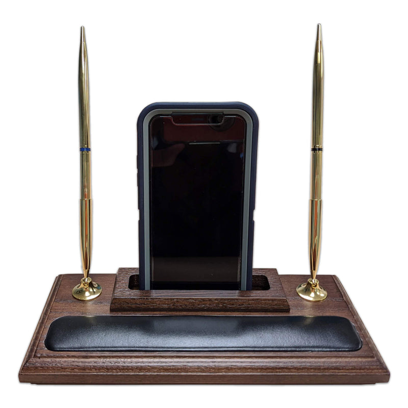 Walnut and Leather Double Pen Stand with Cell Phone Holder