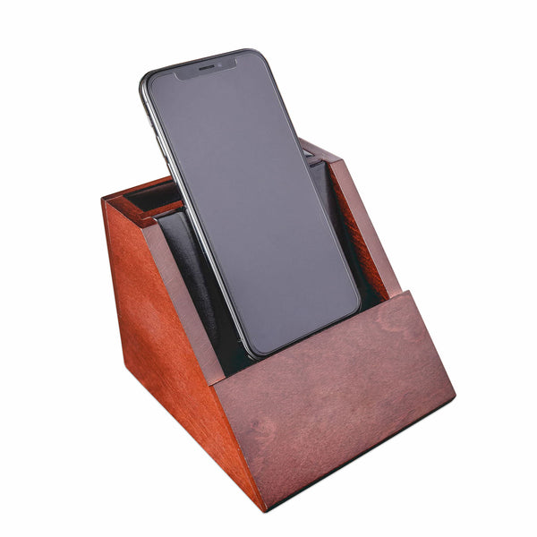 Walnut and Leather Desktop Cell Phone Holder
