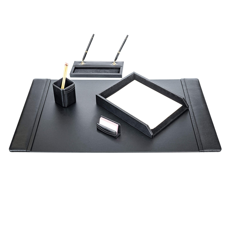 Classic Black Leather 5-Piece Desk Set, Gold Accent