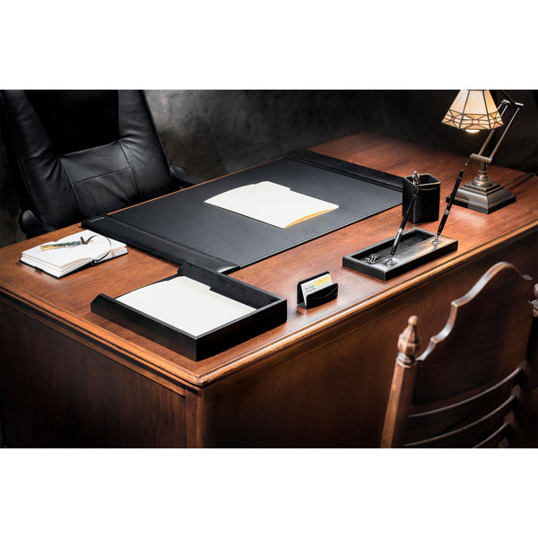 Classic Black Leather 5-Piece Desk Set, Silver Accent