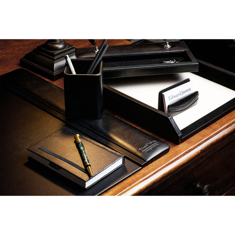 Classic Black Leather 5-Piece Desk Set, Silver Accent