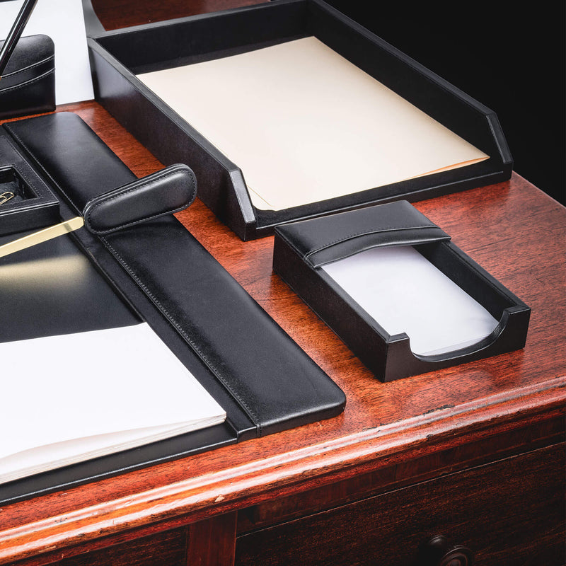 Classic Black Leather 7-Piece Desk Set, Silver Accent