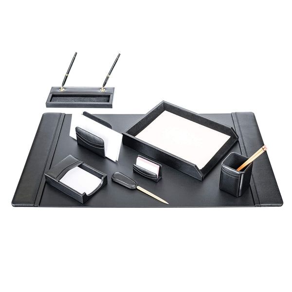 Classic Black Leather 8-Piece Desk Set, Gold Accent