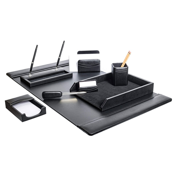 Classic Black Leather 8-Piece Desk Set, Silver Accent