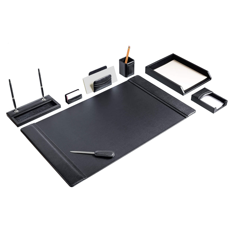 Classic Black Leather 8-Piece Desk Set, Silver Accent