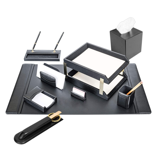 Classic Black Leather 11-Piece Desk Set, Gold Accent