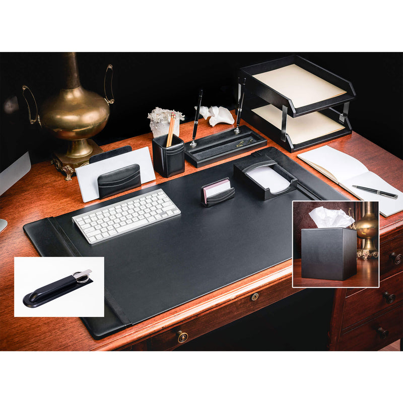 Classic Black Leather 11-Piece Desk Set, Silver Accent