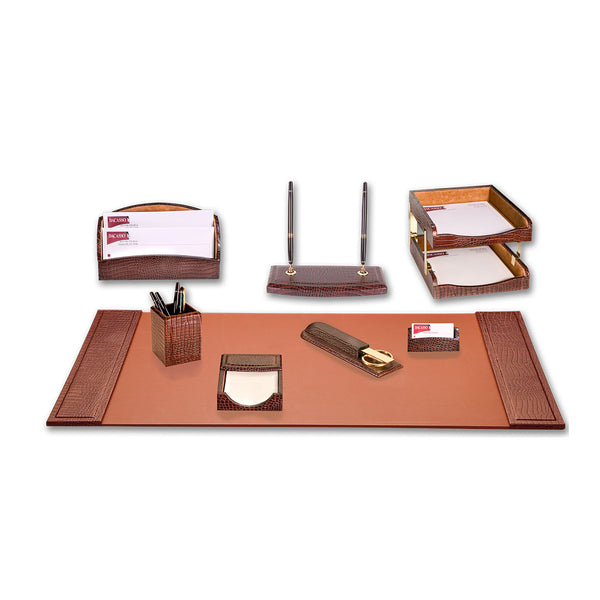 Brown Crocodile Embossed Leather 10-Piece Desk Set