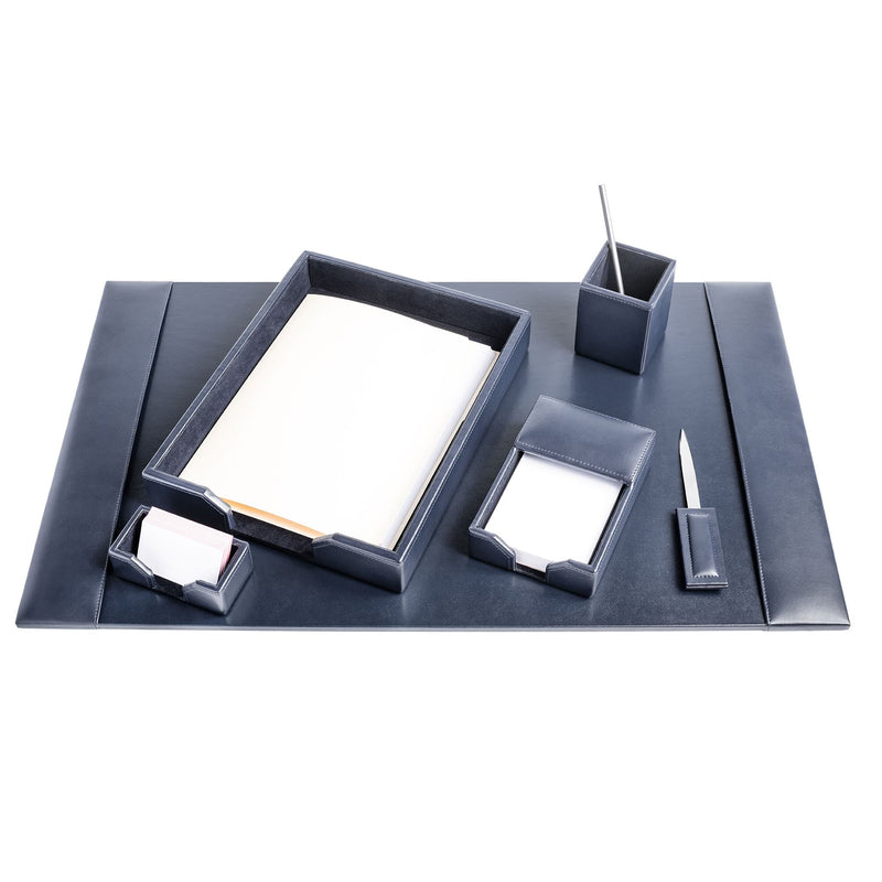 Navy Blue Bonded Leather 6-Piece Desk Set