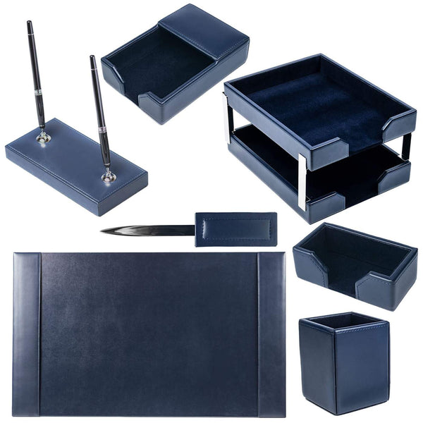 Navy Blue Bonded Leather 9-Piece Desk Set