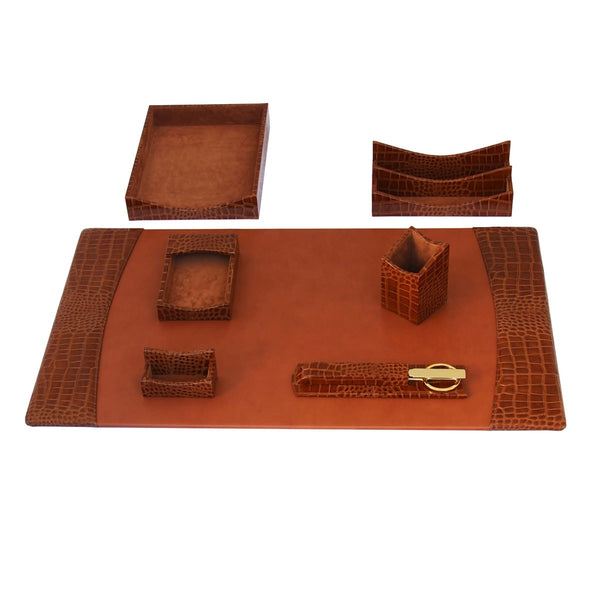 Protacini Cognac Brown Italian Crocodile Leather 7-Piece Desk Set