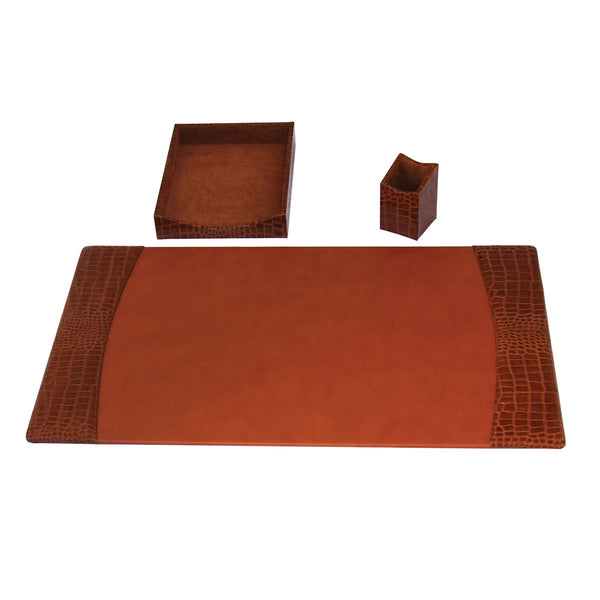 Protacini Cognac Brown Italian Crocodile Leather 3-Piece Desk Set