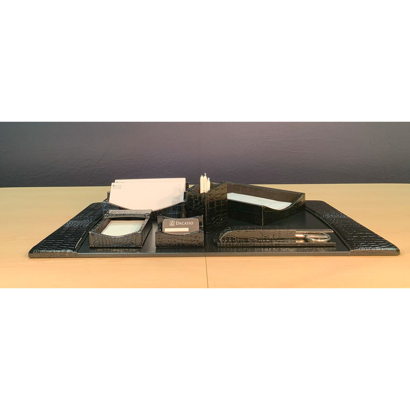 Protacini Black Italian Crocodile Leather 7-Piece Desk Set