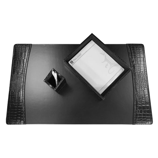 Protacini Black Italian Crocodile Leather 3-Piece Desk Set