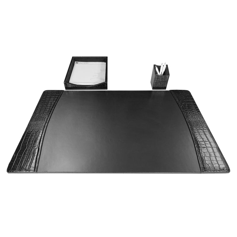 Protacini Black Italian Crocodile Leather 3-Piece Desk Set