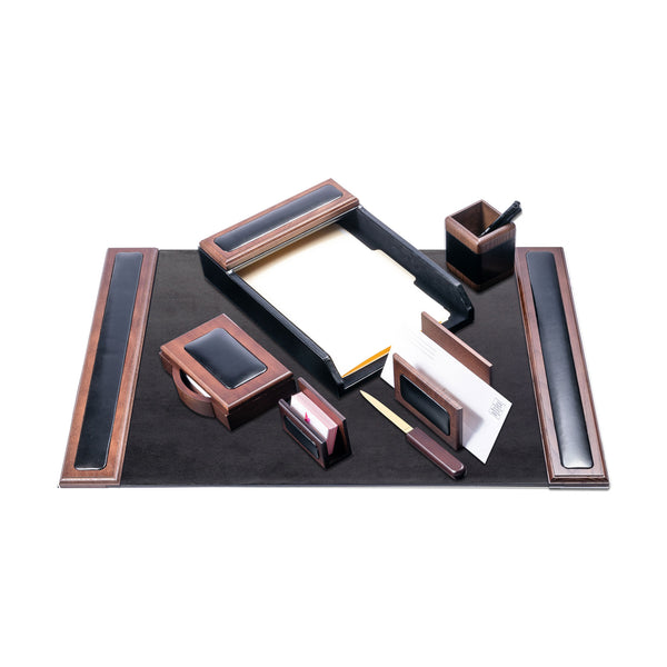 Walnut & Leather 7-Piece Desk Set with 25.5" x 17.25" Desk Pad