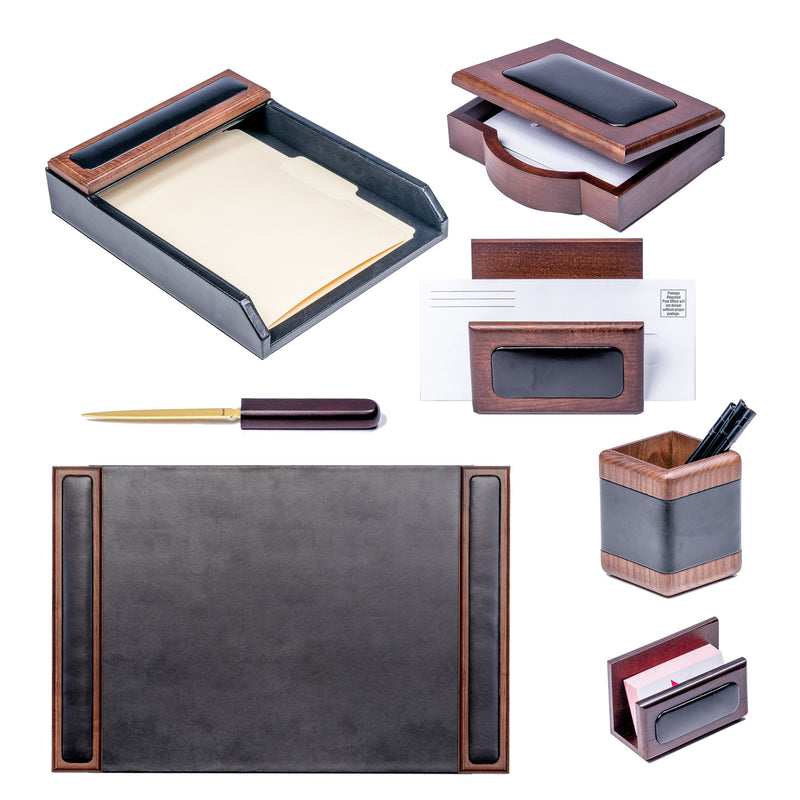Walnut & Leather 7-Piece Desk Set with 25.5" x 17.25" Desk Pad